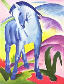 Le cheval bleu de Franz Marc en 1914. Ironie du sort, il sera tué deux ans plus tard lors d'une reconnaissance à cheval près de Verdun. Le cheval bleu de Franz Marc en 1914. Ironie du sort, il sera tué deux ans plus tard lors d'une reconnaissance à cheval près de Verdun.